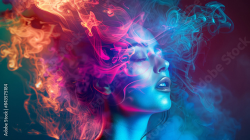 A beautiful woman is with colorful smoke flowing out of her head, showcasing vibrant colors.