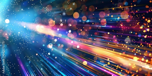 An abstract background, featuring colorful light rays and bokeh lights on black, represents the speed of data transfer or digital communication concept.