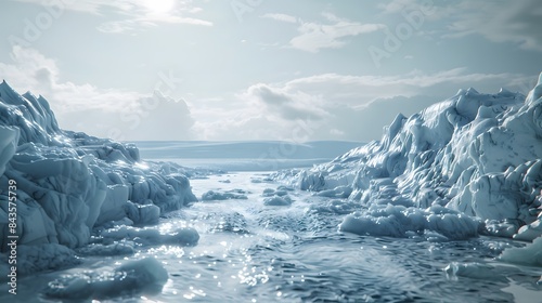 A glacier rapidly melting with visible water streams flowing into the sea, 8k
