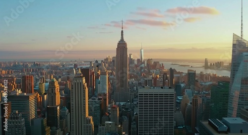 New York City skyline in a panoramic view of Manhattan at sunset.