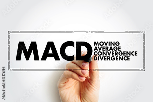 MACD Moving Average Convergence Divergence - trading indicator used in technical analysis of stock prices, acronym text concept stamp