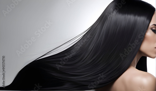 Back view of beautiful long shiny straight black hair of a woman on plain white background, hair products ad concept 