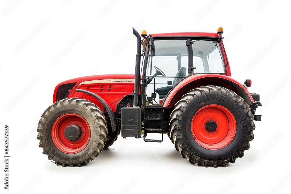 Red farm tractor vehicle wheel white background. Red farm tractor vehicle wheel white background.