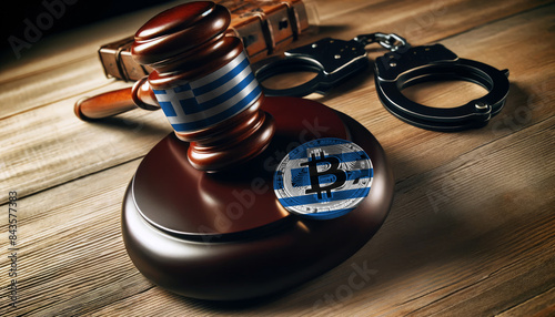 Legal implications of Bitcoin: A gavel, handcuffs, and Bitcoin symbol under the Greece flag, highlighting regulatory challenges