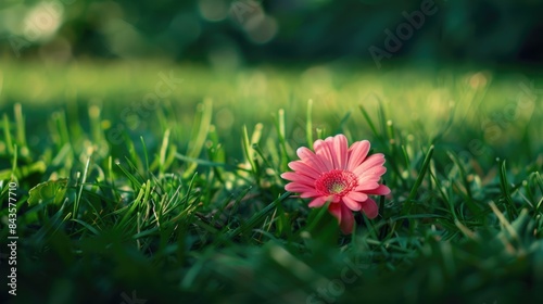 A flower that is pink in color on the green grass