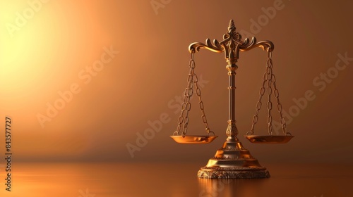 Horizontal banner. International Justice Day. Gold Themis scales in balance on the glowing background. Human rights concept. Free space for text, copy space photo