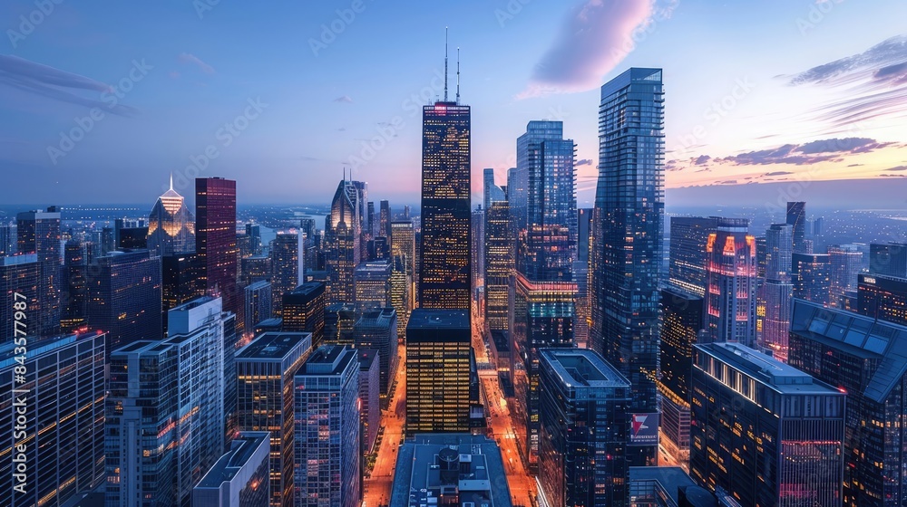 Stunning aerial view of a modern city skyline at dusk, capturing the blend of lights and architecture against the twilight sky. Stunning aerial view of a modern city skyline at dusk, capturing the blend of lights and architecture against the twilight sky.