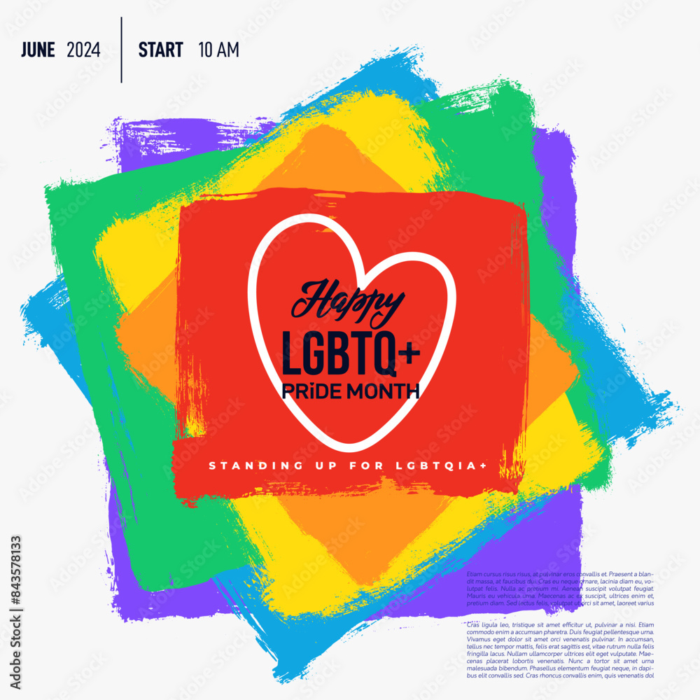 Fototapeta premium Word LGBTIQ with rainbow effect. Vector Happy Pride month for love and gay rights celebration. 2024 LGBT rainbow color quote with heart shape.
