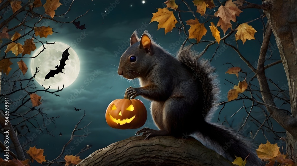 Fototapeta premium Ai generative, hallowen, black squirrel on tree branch halloween night