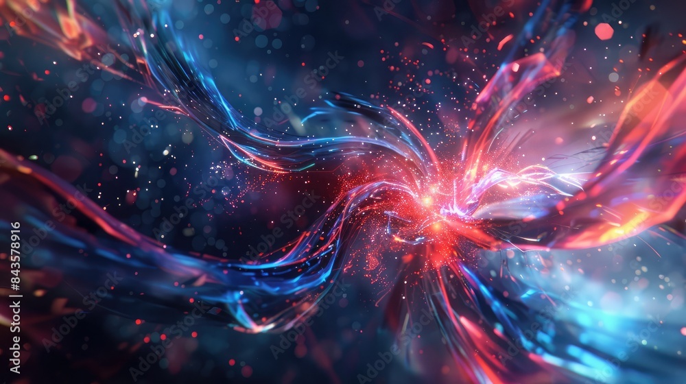 Fototapeta premium Abstract 3D elements merging with light trails in a cosmic dimension