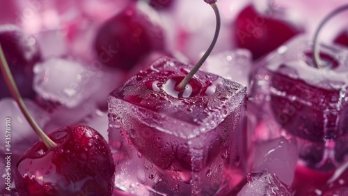 Refreshing Close-Up of Cherries Encased in Ice Cubes with Dew Drops - Perfect for Summer, Beverage, and Food-Themed Projects