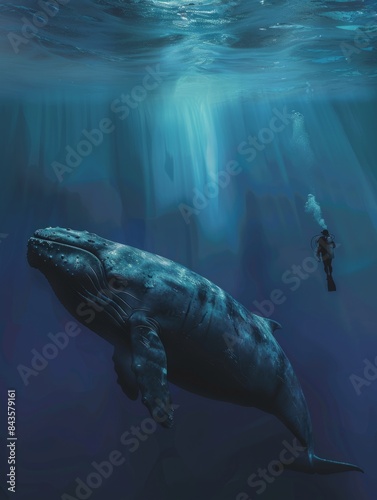 Majestic Underwater Scene with a Diver and a Giant Whale in the Deep Blue Ocean, Capturing the Beauty and Grandeur of Marine Life in a Serene and Mysterious Aquatic Environment