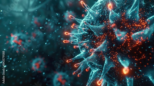 Close-up of a 3D virus with glowing particles photo