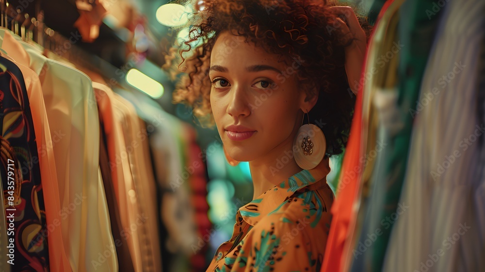 A woman with curly hair trying on clothes in a boutique, 8k, HD