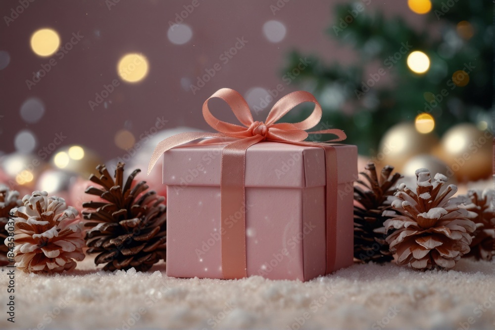 Christmas pink background, gift table, bokeh lights, copy space. Christmas pink background, gift table, bokeh lights, copy space.