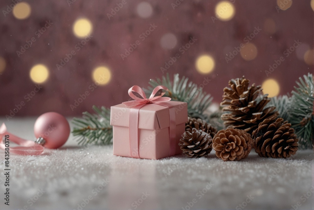 Fototapeta premium Christmas pink background, gift table, bokeh lights, copy space.