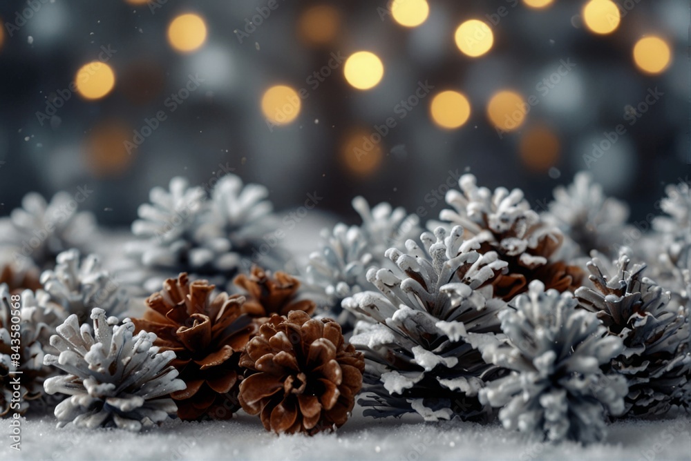 Christmas background, gift snow table, Pine cones, bokeh lights, copy space.