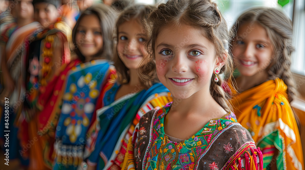 Fototapeta premium Indian girls in traditional clothes smiling and looking at the camera in a school corridor