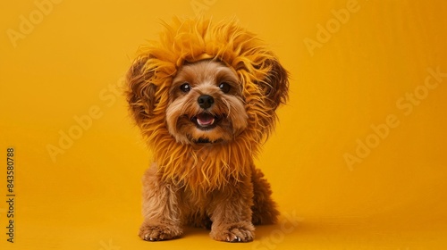 A small, brown dog wearing a lion costume, sits on a yellow background. It's looking directly at the camera with a happy expression.