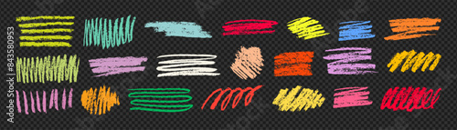 Set of colorful hand drawn chalk scribbles different forms on transparent background. Rough color objects.Hand drawn doodle elements. Childish style rough crayon color illustration.