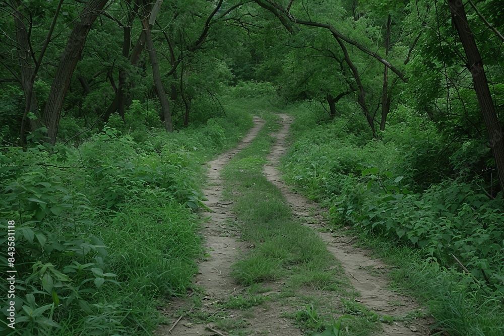 Obraz premium Embarking on tranquil hiking trails amidst the lush and vibrant forest landscape