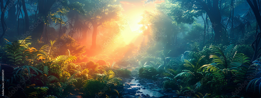 Tropical forest in the morning with sunlight and fog. 3d rendering Tropical forest in the morning with sunlight and fog. 3d rendering