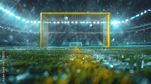 A wet soccer field with a goal in the foreground. The lights are on, and it is raining.