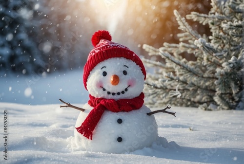 Christmas card, snowman, snow, forest, hat, scarf, template, concept, copy space. © Plutmaverick