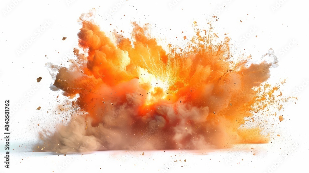 Controlled explosion with a burst of flames and smoke on a white background Controlled explosion with a burst of flames and smoke on a white background