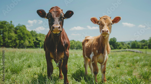 Two young calves standing in a sunny green field, showcasing a peaceful rural scene with blue skies and lush grass.