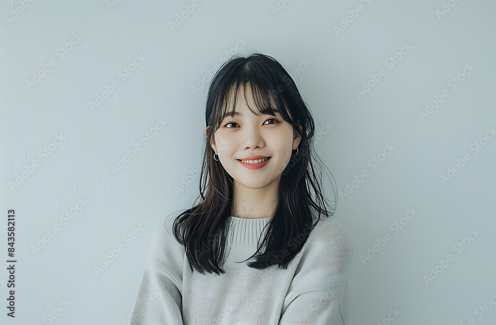 photo of attractive Japanese woman her early mid30s smiling looking camera She wearing business casual attire long sleeve light grey color background should white contrast creating professional yet