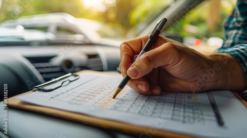 Close-up of a hand writing on a clipboard inside a car.