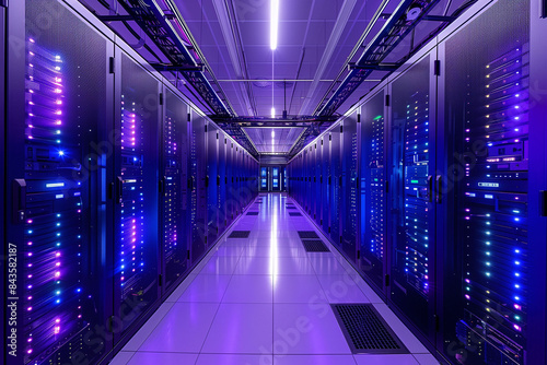 A view of the interior of a modern data center with rows of server racks and vibrant blue and purple lighting. The image showcases advanced technology and infrastructure, perfect for tech and IT theme