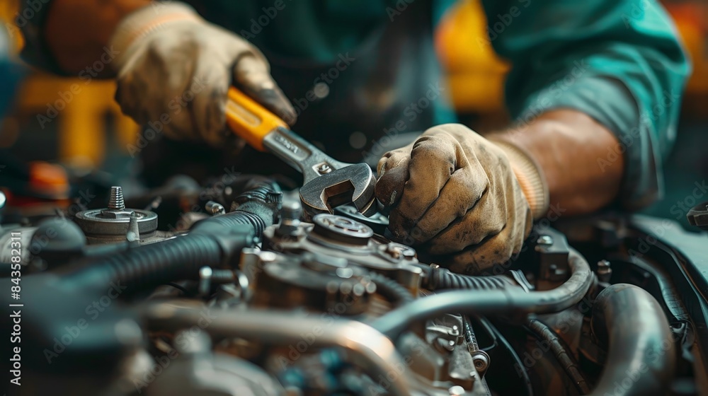 Close-up of a mechanic's hands using a wrench to tighten a bolt on an engine. Close-up of a mechanic's hands using a wrench to tighten a bolt on an engine.