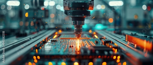 Close-up of a robotic arm assembling a circuit board. photo