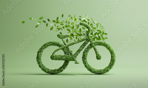 Bicycle Made of Leaves Flying on Light Green Background (generative AI)