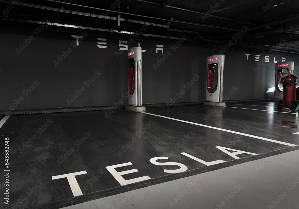 Bucharest, Romania 2 June 2024 Tesla supercharger network. Wide