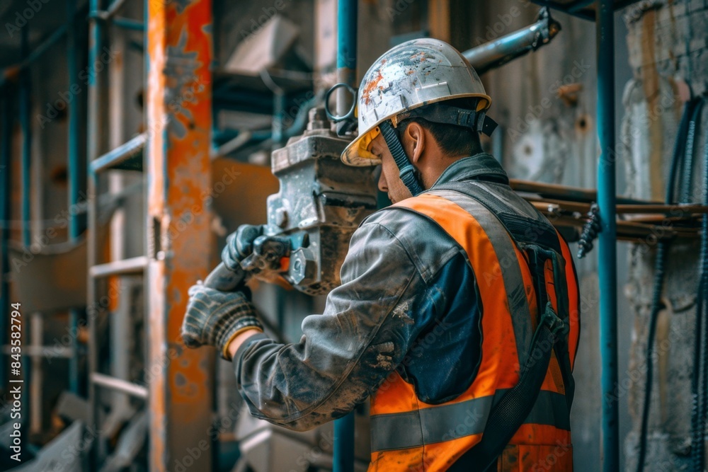 Worker with a safety helmet, using a jackhammer