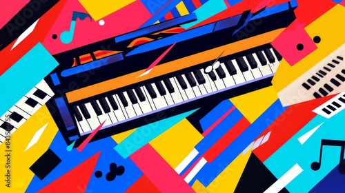 Background in the form of geometric shapes in bright colors with the image of a piano and musical keys. --no text --ar 16:9 --quality 0.5 Job ID: fc2319fc-9849-4771-a78c-48804f9a7e97
