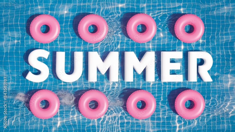 Pink Floaties Spelling Summer on Blue Pool Water Pink Floaties Spelling Summer on Blue Pool Water