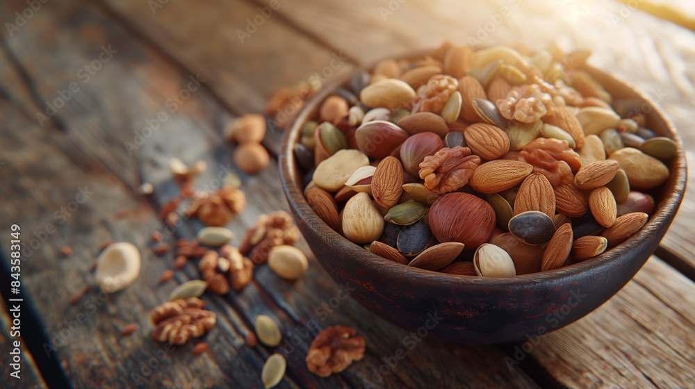 A bowl of mixed nuts and seeds on a rustic wooden table. A bowl of mixed nuts and seeds on a rustic wooden table.