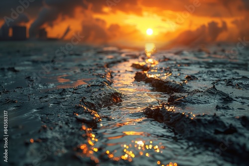 A close-up shot of coastal mudflats at sunset, reflecting the golden light. The rising sea levels are evident in the receding shoreline #843583317