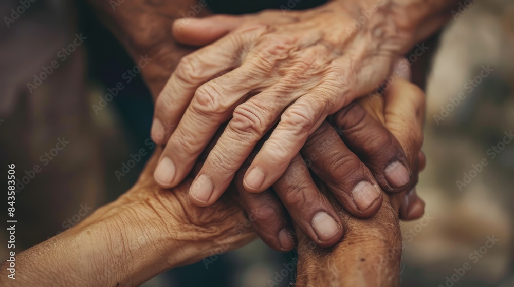 Fototapeta premium Intergenerational Connection through Touch - Varied Textures of Aging Hands in Close-Up Embrace