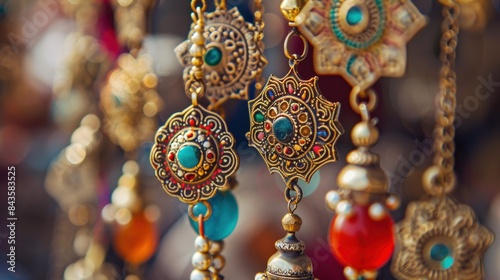Exquisite Cultural Splendor: Close-up Shots of Intricately Designed Jewelry and Traditional Attire in Vibrant Colors with Softly Blurred Backgrounds