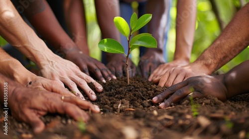 Nurturing Diversity: Close-up of Diverse Hands Planting Tree with Environmental Care in High Detail Natural Lighting Scene