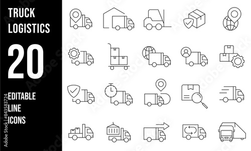 Simple Set of Truck Logistics Related Vector Line Icons. Contains such Icons as Cargo Inspection, Route, Forklift at warehouse and more