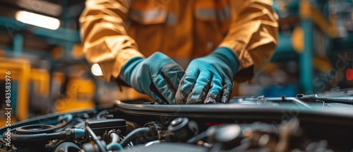 Mechanic repairing a car engine in a garage. photo