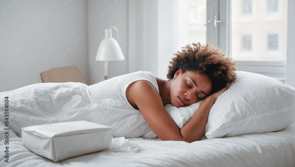 Portrait of a sick or tired African American woman lying in a white bed at home. Portrait of a sick or tired African American woman lying in a white bed at home.