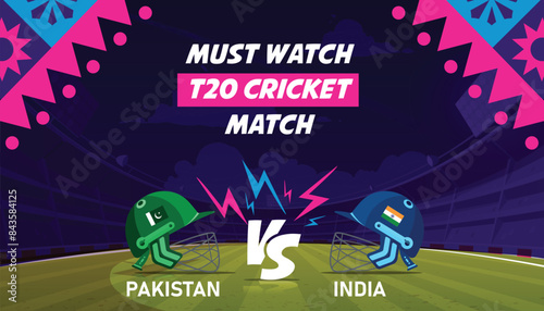 Pakistan VS India Illustration with IND vs PAK helmets in cricket stadium vector illustration for international cricket match tournaments.
