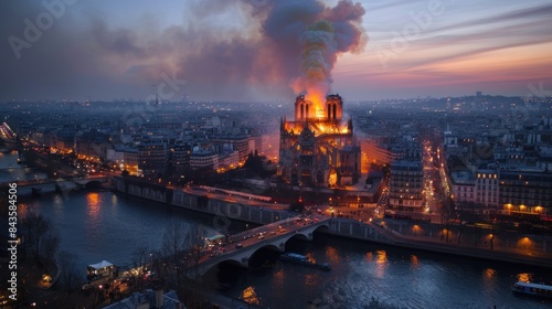 Burning Notre Dame in Paris evoking sorrow and history, a tragic scene with cultural significance